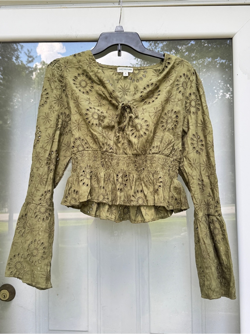 Earthbound Olive Eyelet Tie-Front Peplum Top - Women M bell sleeves